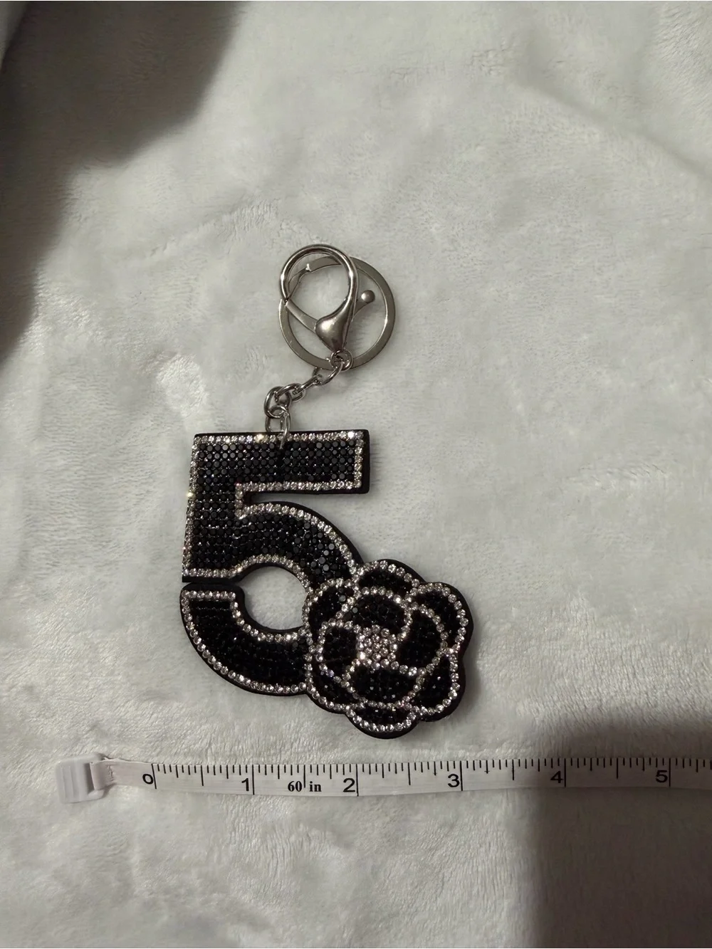 Embellished Number 5 Keychain with Camellia Accent - Black